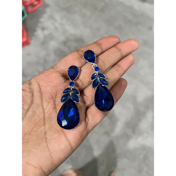 Royal blue earring long teardrop electric dangle rhinestone crystal blue 2.25” - Picture 4 of 9